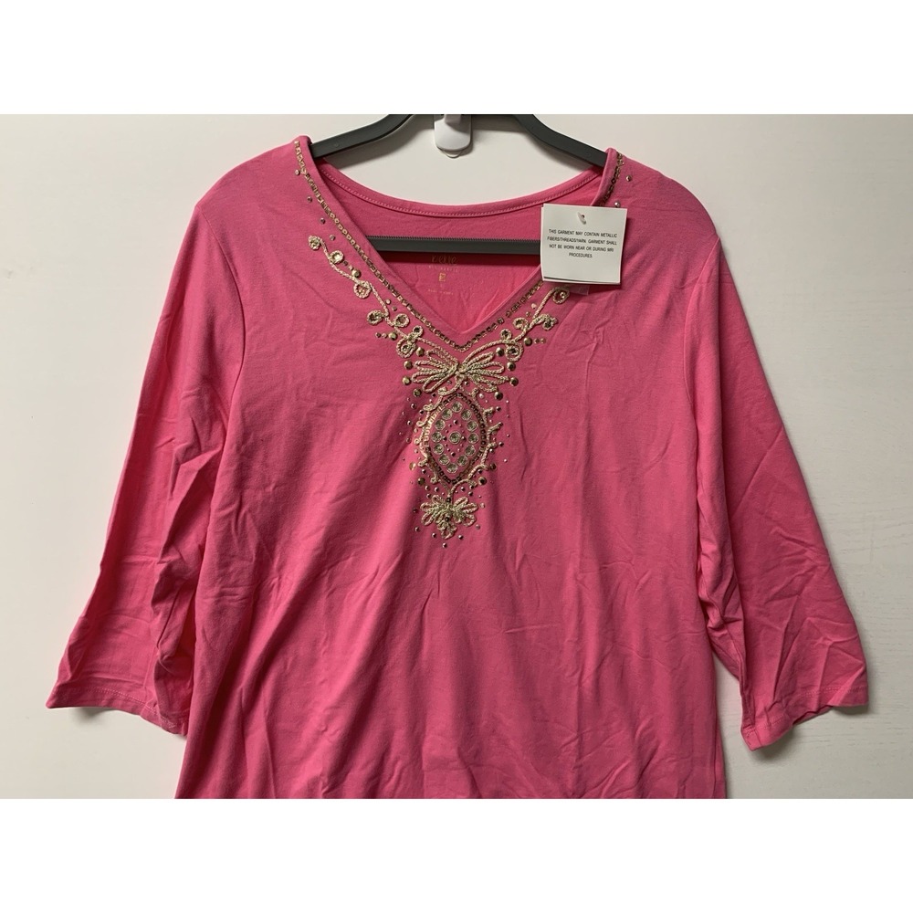 Belle Kim Gravel Cotton Stretch Embroidered Bling Top Pink Large NEW - Picture 2 of 13